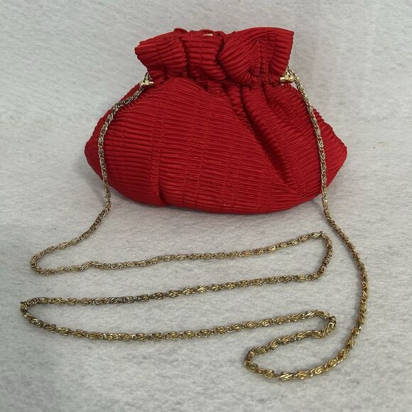 Bechamel Purse Women Red Silky Crossbody Fabric Gold Metal Trim Strap Formal Vtg - Picture 9 of 9